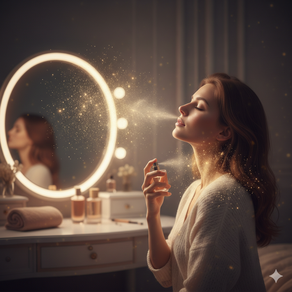 femme ce parfumant avec un parfum devant un miroir lumineu