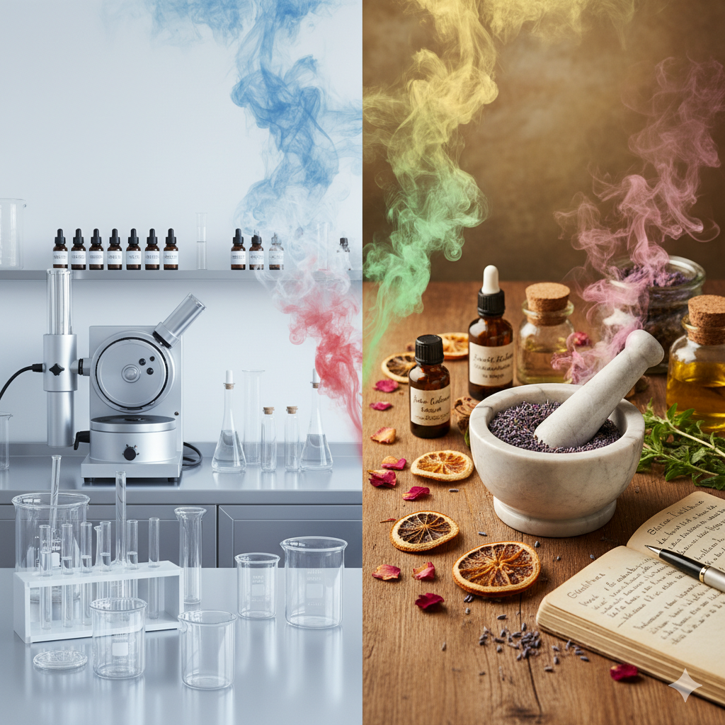 image montrant une technique de fabrication de parfum industrielle et une autre artisanale