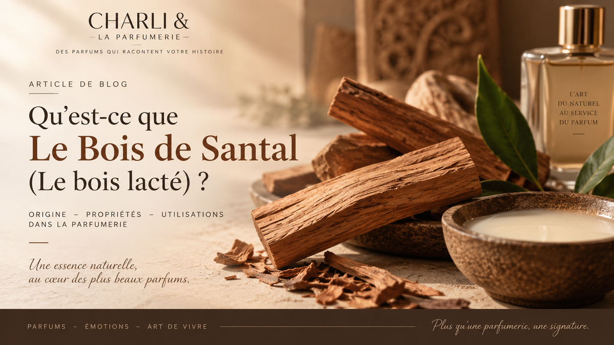 morceaux de bois de santal, feuilles vertes, bol à l’aspect lacté et flacon de parfum dans une ambiance chaleureuse et élégante