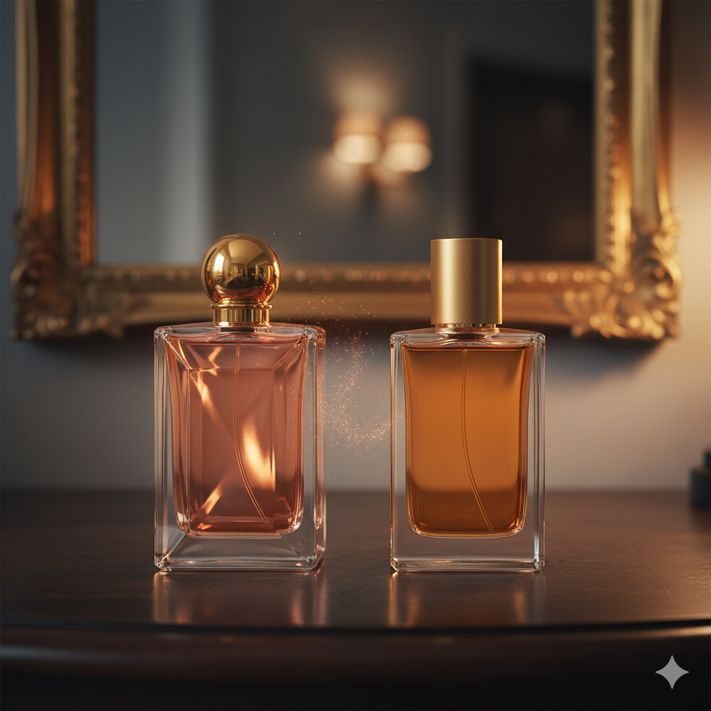 deux parfum cote a cote sur un table et face a un miroir