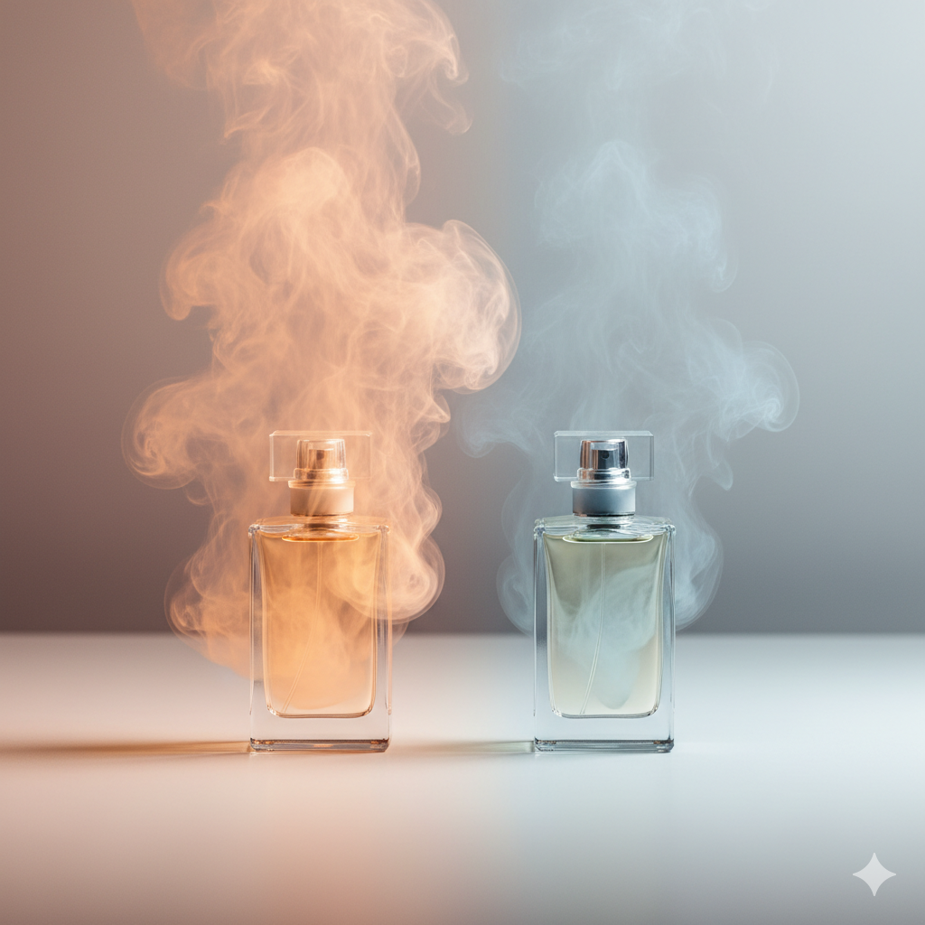 un parfum bleu a coter d'un parfum orange avec une fumé qui s'en dégage