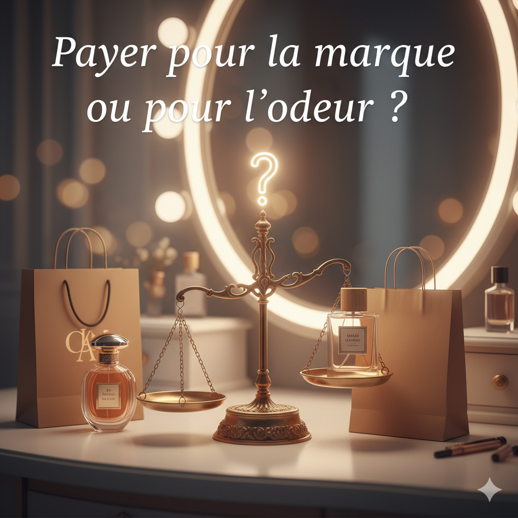 un parfum sur une balance style justice avec un autre a coter ainsi que les sac et un grand miroir lumineux
